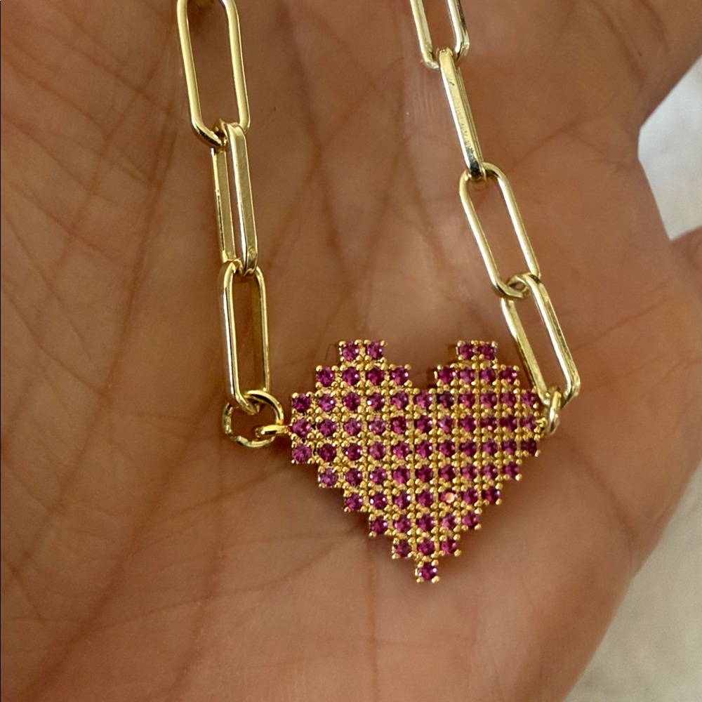 14K Gold-Plated Chocker Chain Necklace with Pink Heart Pendant